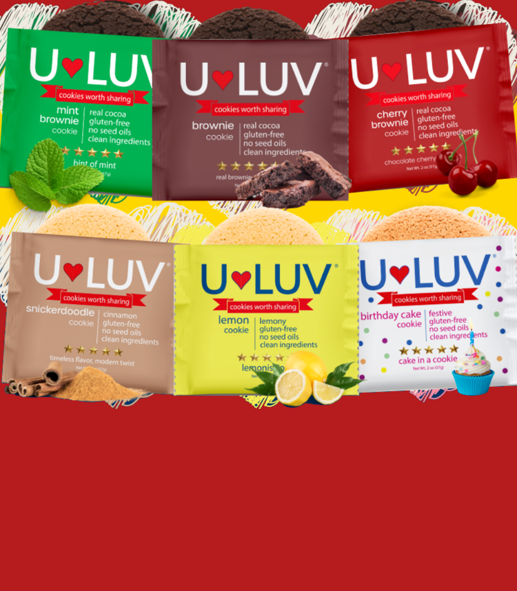U-LUV cookies packaging with various flavors on a red background