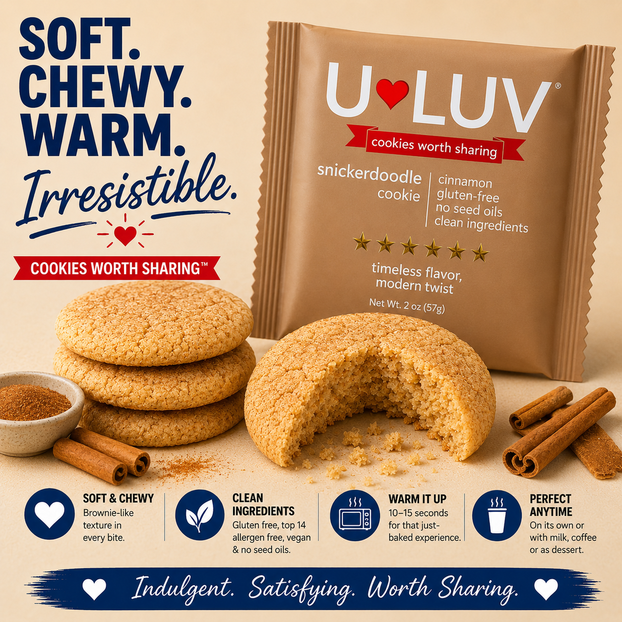 U-LUV Snickerdoodle Cookie 4-Pack | Soft & Chewy | Gluten Free